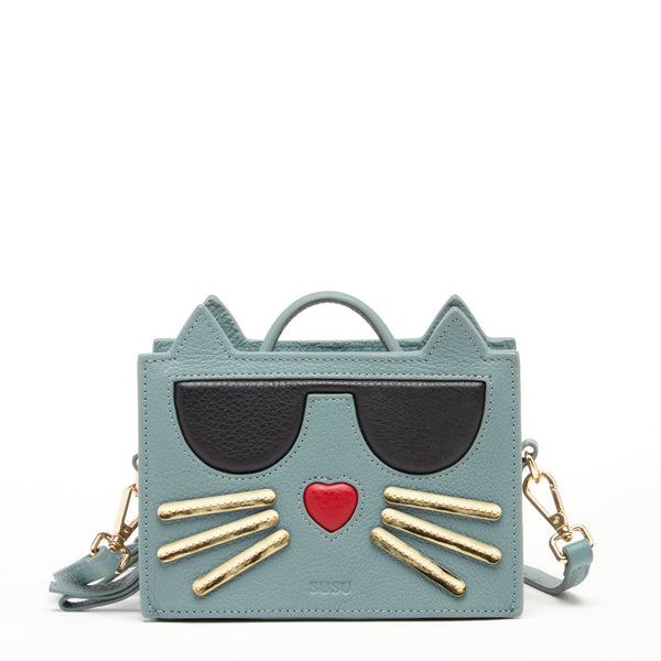 SUSU Leather Cat Purse Crossbody Bag Mineral Blue Handbag for Women